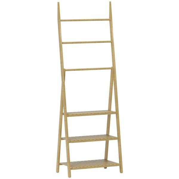 Natural bamboo storage unit with three open shelves and top towel rack