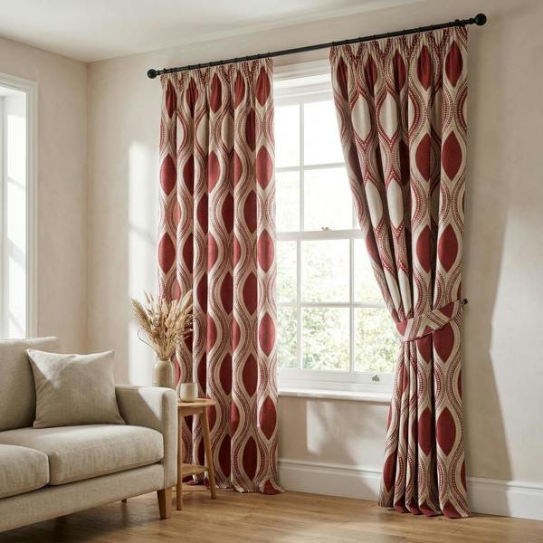 Kasian made-to-measure curtains in Red, styled in a living room
