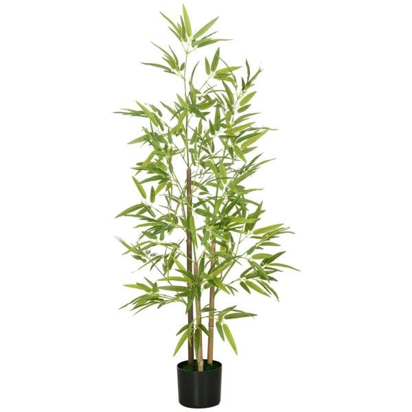 Artificial bamboo tree with green leaves and multiple stems in a black pot