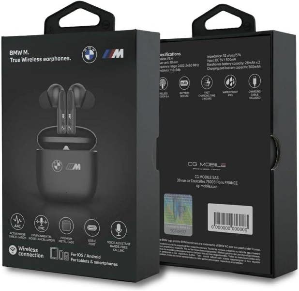 BMW M Metal Logo Print ANC ENC Bluetooth TWS In Ear Headphones Black - BMTWSM1ALKLK