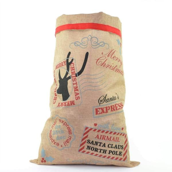 Large Hessian Santa Sack with Airmail Design, 70 x 50 cm, Brown Christmas Gift Bag image 1