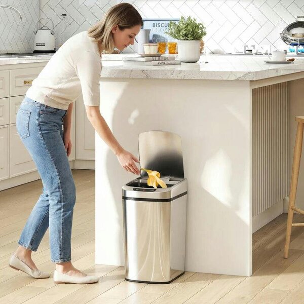 12L Sensor Bin, Automatic Touchless Motion Sensor Kitchen Bin with Fingerprint Resistant Stainless Steel, Silver - Silver