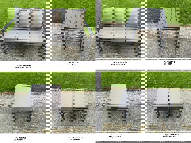 Fimous 8 Seater Aluminium Garden Furniture Set with Adjustable Rising Dining Table, 2 Sofas, Side Table, 3 Footstools - Dark Grey