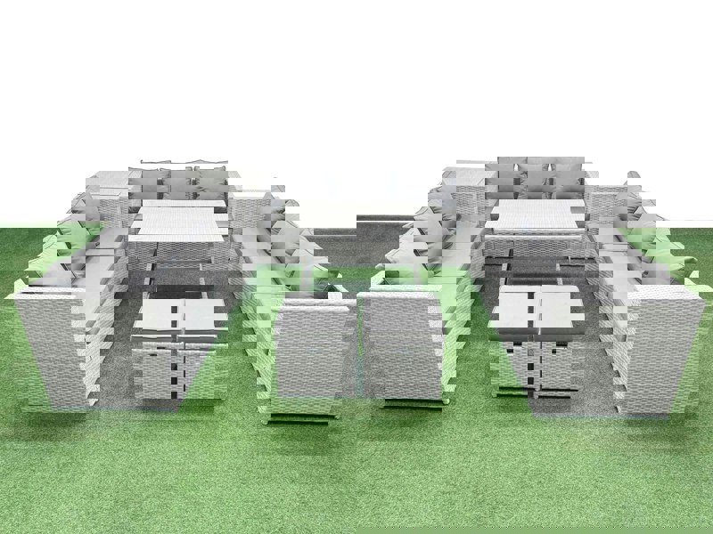 Fimous 11 Seat Outdoor Patio PE Rattan Garden Furniture with Cushions 3 Seater Sofa Side Table 2 Small Stools Light Grey