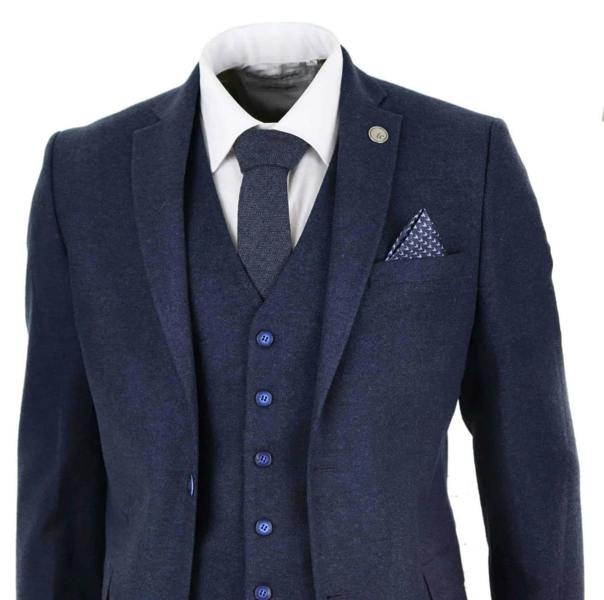 TruClothing Mens 3 Piece Navy Blue Wool Tweed Vintage Retro Suit