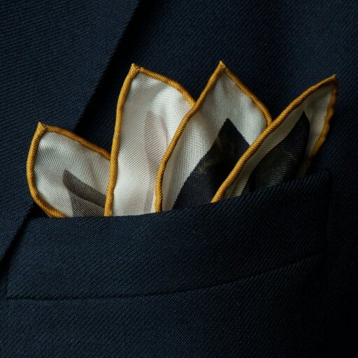 Otway & Orford 'Into the Storm' ocean liner silk pocket square in green, gold, off-white & black (42 x 42cm)
