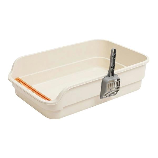 Skylos Cat Litter Tray Spacious High Sided Low Entry Open Pan for Cats Beige