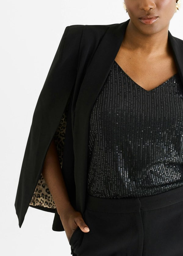 Gini London Black Tailoring Cape with Leopard Print Lining