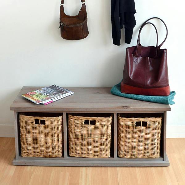 Tetbury Acacia Hallway Bench with Natural Wicker Storage Baskets