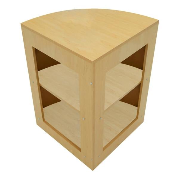 Luna LED Shop Counter Set in maple finish features a curved top, open shelving, and a sleek design ideal for retail displays