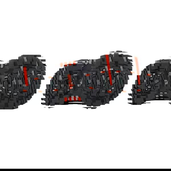 Scruffs Rugged Mens S3 Safety Composite Toe Midsole Work Ankle Boots, black footwear with red accents showcasing a sturdy sole with deep tread pattern for durability and slip resistance.