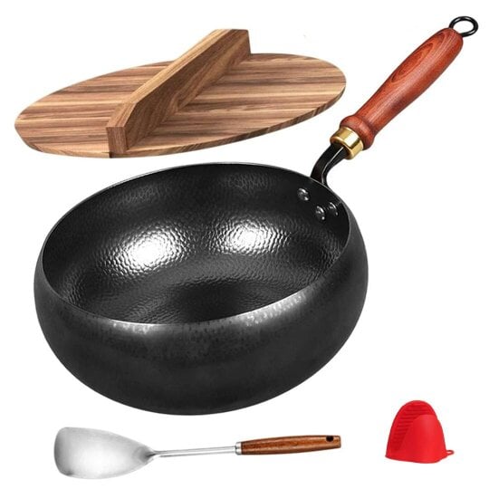 Havendro Uncoated Cast Iron Pot Wok Wooden Lid Handle Anti-Splatter Pan Soup Stock Pots