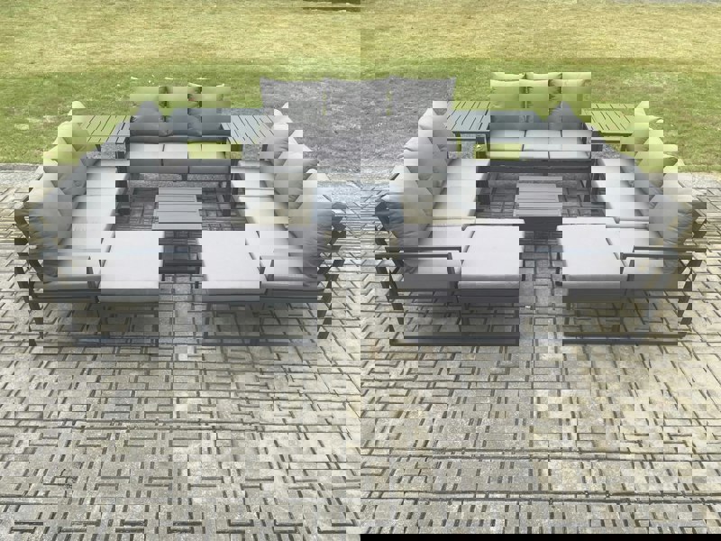 Fimous Aluminium Outdoor Garden Furniture Set Patio Lounge Sofa with Square Coffee Table 2 Side Tables 2 Big Footstools Conservatory Set Dark Grey