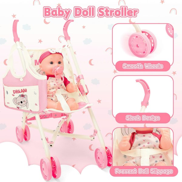 deAO Toys 24-Piece Baby Doll Care Playset – Includes Stroller, High Chair, Travel Cot, Feeding Accessories & Realistic Doll for Kids 3+