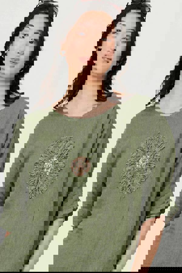 Khaki | Sequin Textured Detail Relaxed Top