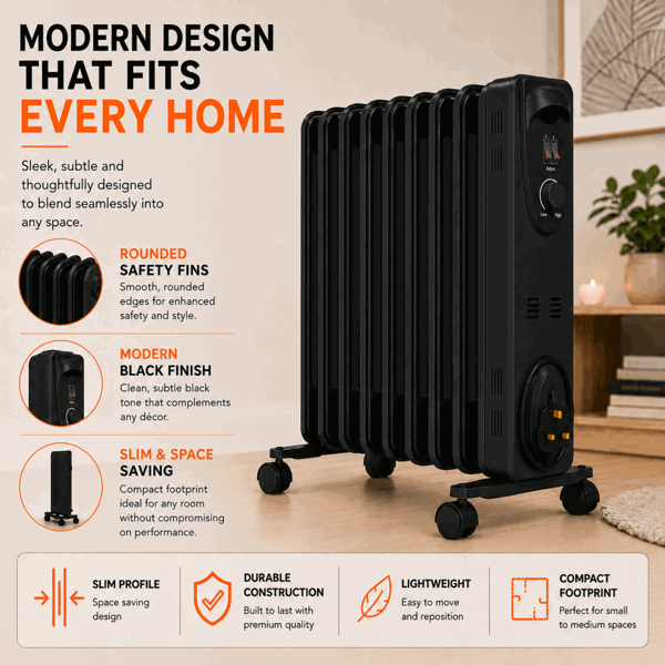 MYLEK Oil Filled Radiator 2000W Portable Heater Thermostat 3 Heat Settings Grey