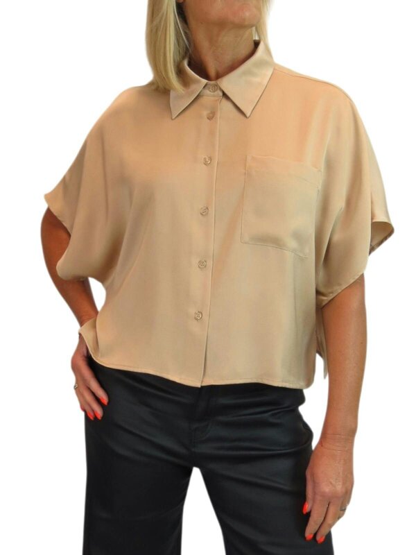 Paulo Due Women's Cropped Satin Shirt Short Sleeve Batwing Blouse - Champagne Gold