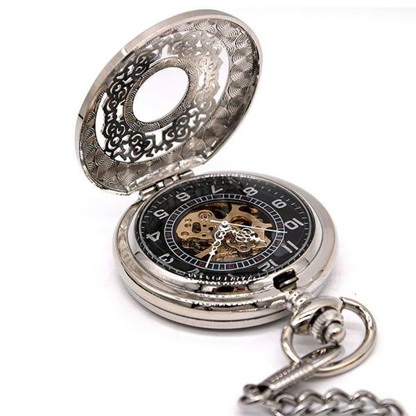 Infinity Leather Antique Brass Alloy Skeleton Half Hunter Pocket Watch