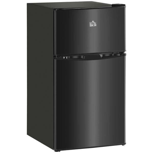 Black under-counter fridge freezer with top lid-style freezer door, front view