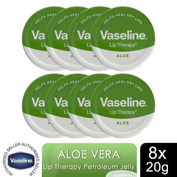 Vaseline Lip Therapy Petroleum Jelly, Aloe Vera 20gm Hydrating Lip Balm, 8 Pack
