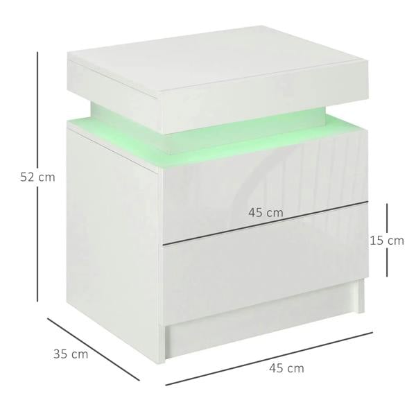 White high-gloss two-drawer bedside table with green LED light under the top