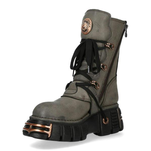 New Rock Grey Brown Leather Gothic Mid-Calf Biker Boots - M-373XL-C119