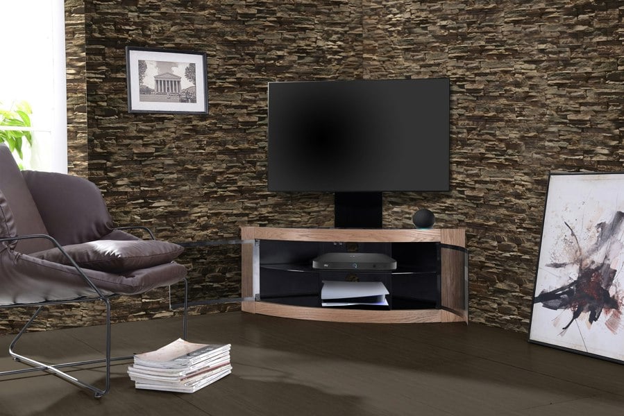 Centurion Supports PANGEA Black/Oak Beam-Thru Curved True-Corner 32"-50" TV Cabinet with Mounting Arm