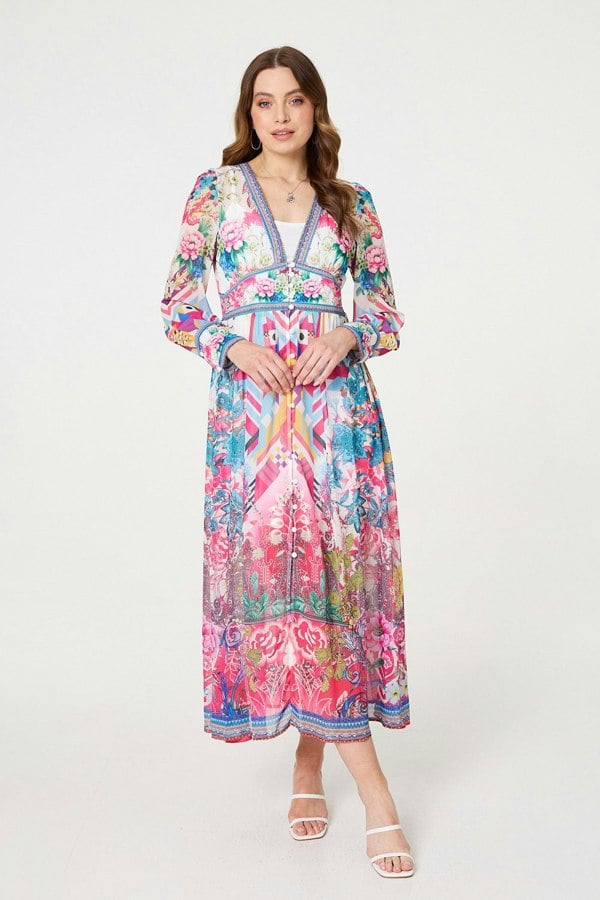 Pink | Floral Long Sleeve Empire Maxi Dress
