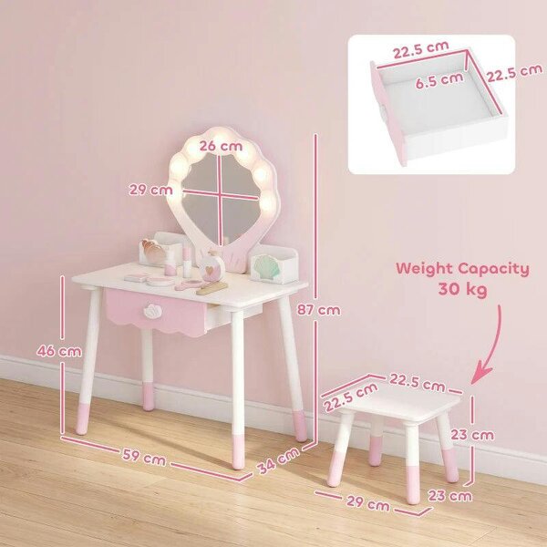 Kids Vanity Set, Kids Dressing Table with Chair, Acrylic Mirror, Lighted Bulbs, 7-Piece Accessories, for 3-8 Years, Pink