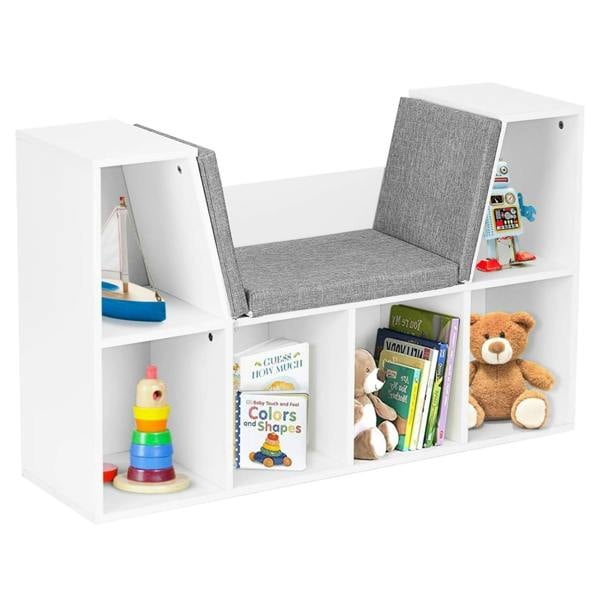 ADOV Kids Bookcase Storage Shelf with Cushioned Reading Nook, 6-Cube Bookshelf Organiser for Books and Toys