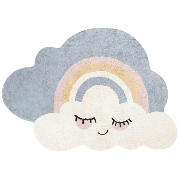 Decorative cloud-shaped pillow with a rainbow and smiling face on a white background