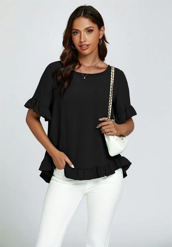 FS Collection Frill Detail Short Sleeves Top In Black