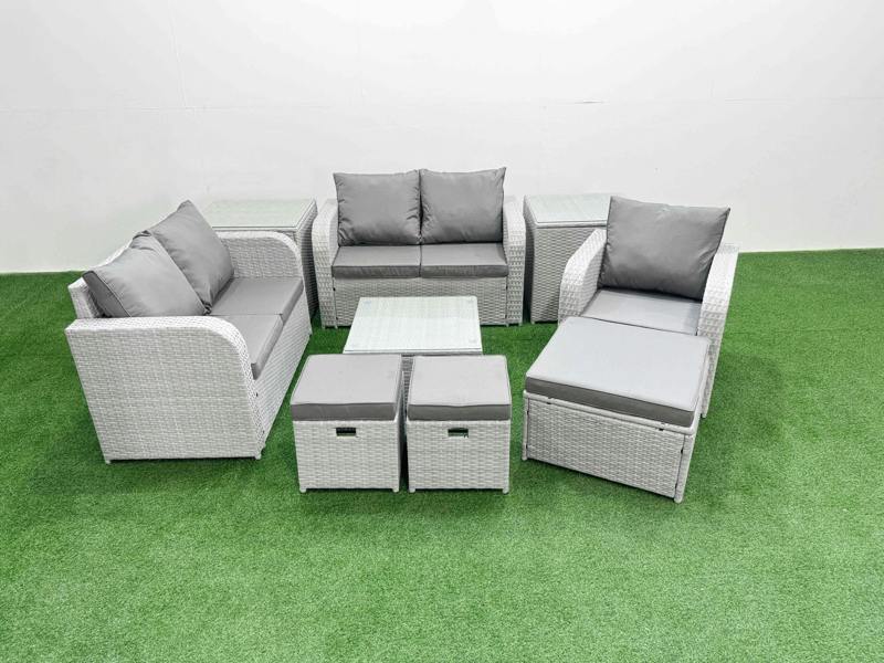 Fimous 3 Stools Rattan Set, High Back Poly Rattan, Reclining Loveseat Sofa, Square Coffee Table and 2 Side Tables, Light Grey