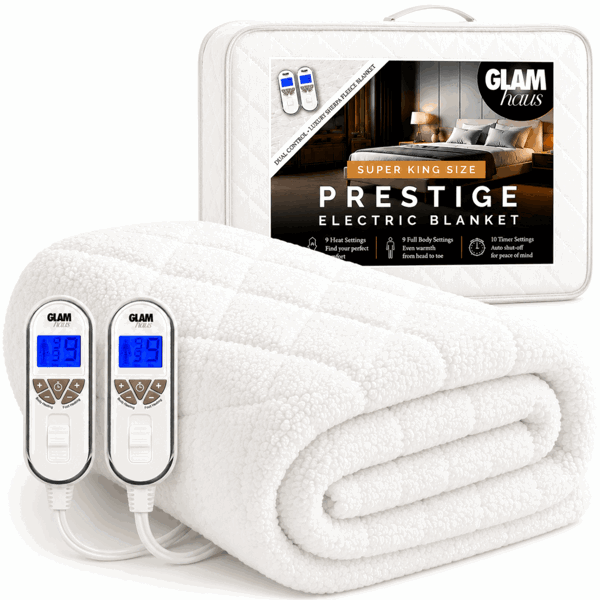 GlamHaus Prestige Electric Blanket Super King Size With 9 Body Settings, 9 Feet Settings, 9 Full Body Settings, 10 Timer Settings