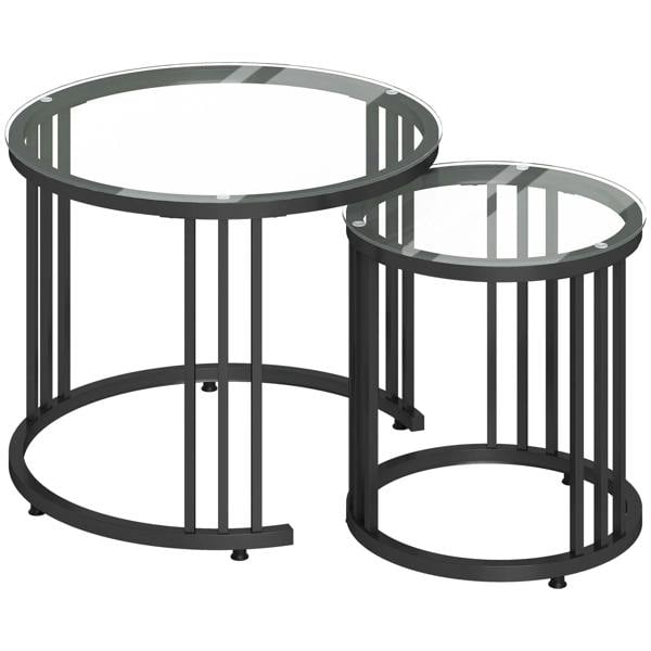 Set of 2 round nesting coffee tables with black steel frames and clear glass tops