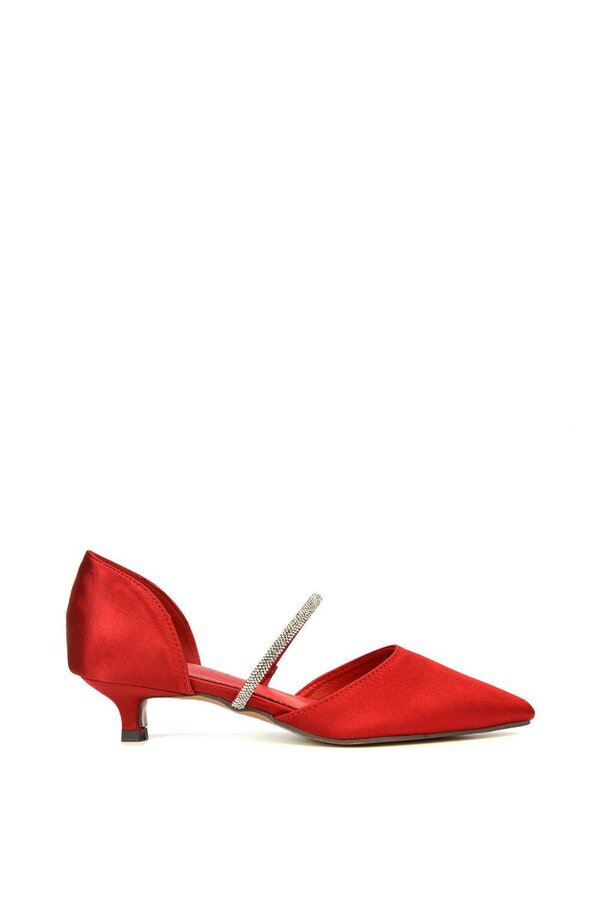 XY LONDON Diamante Strap Kitten Heel Pointed Toe Court Shoes - Red