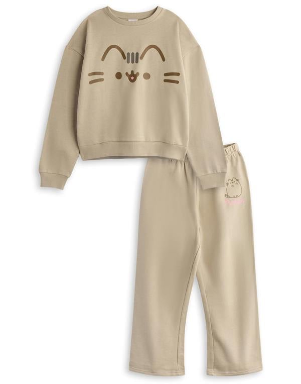 Pusheen Girls Beige Big Face Sweatshirt and Joggers Set