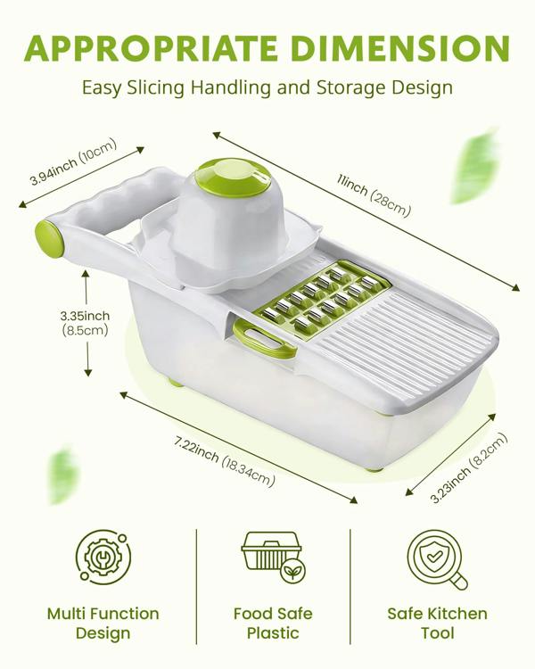 ADOV All in 1 Mandoline Slicer, Fruit and Vegetable Cutter with 8 Stainless Steel Blades, Food Container and Hand Guard