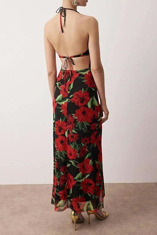 WOVCOR Floral Knitted Tulle Maxi Evening Dress