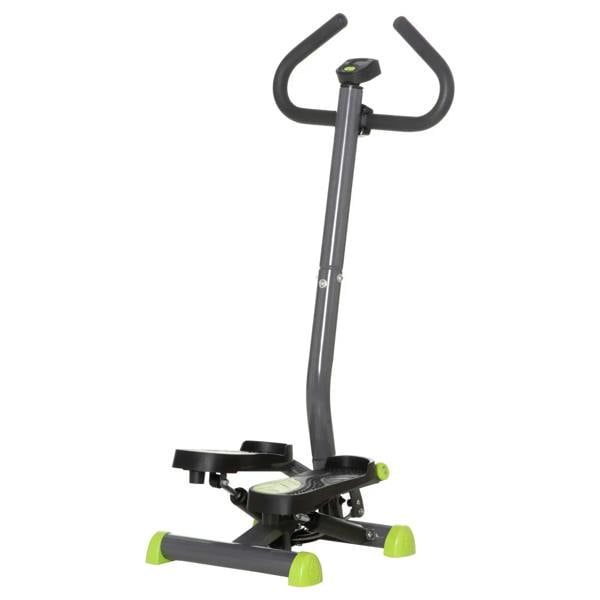 Grey stepper machine with dual foot pedals and curved handlebar for low-impact exercise