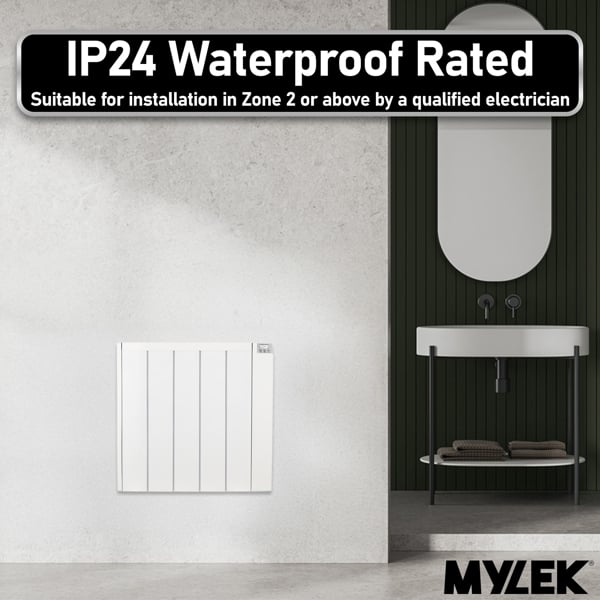 MYLEK Electric Radiator Panel Heater Ceramic White Eco 1500W Bathroom Safe Wall Mounted Or Free Standing With Timer Thermostat