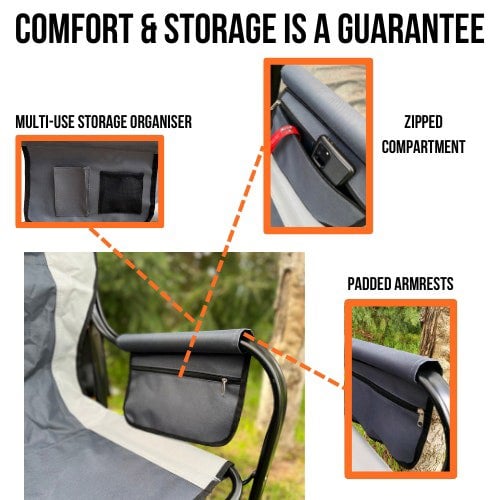 An infographic of the OLPRO Directors Camping Chair in grey explaining that the chair has some storage and comfort features.