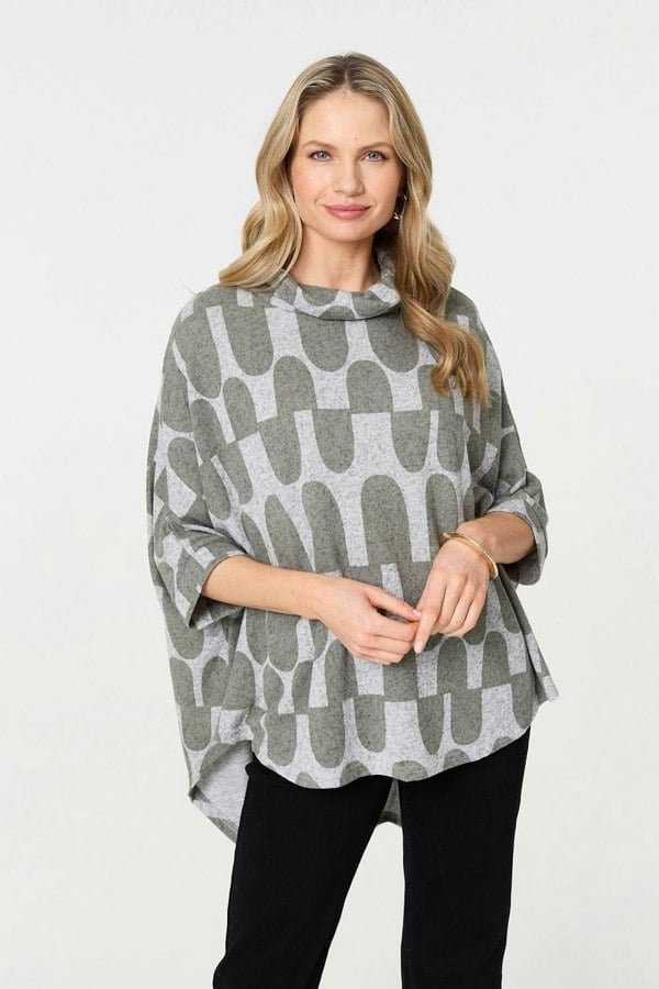 Green | Geo Print Roll Neck Oversized Top
