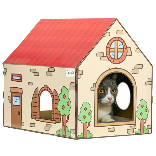 Cardboard cat house with red roof, barn-style front, and arched entry window