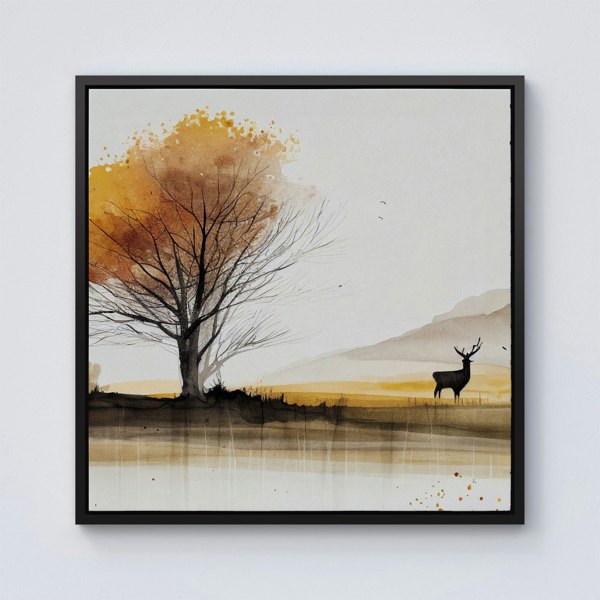 Warren Reed Autumn Landscape Stag Watercolour Framed Canvas