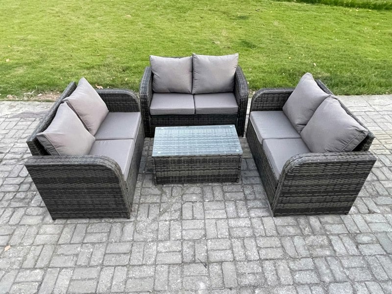 Fimous Outdoor Garden Furniture Sets 6 Seater Wicker Rattan Furniture Sofa Sets with Rectangular Coffee Table Love Sofa Dark Grey Mixed