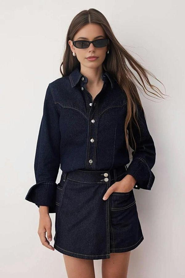 WOVCOR Double-Breasted Denim Short Skirt with Pocket Detail