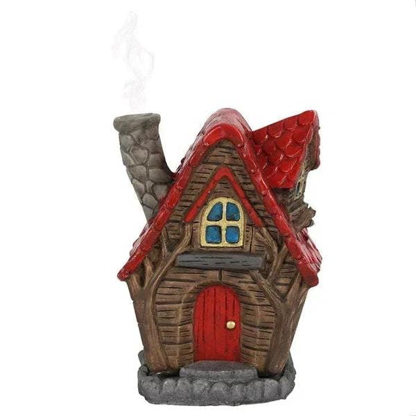 Fairy house incense cone burner figurine with red roof and blue door window
