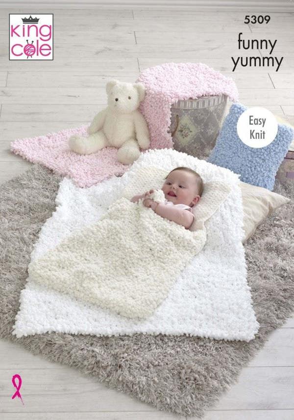 King Cole Funny Yummy Super Chunky Knitting Pattern 5309, Blankets, Cushions for Baby, One Size - Easy