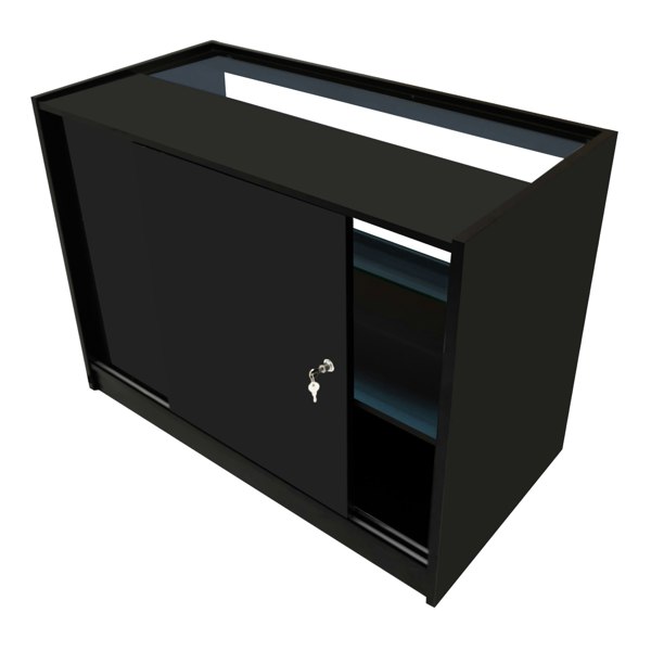 Black Selene LED shop counter set with sliding door, shelves, and sleek design, ideal for retail display and organization